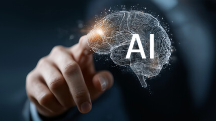 Businessman touches digital AI brain hologram on dark blue background with white AI text, hand pushing button on a touch screen interface. 