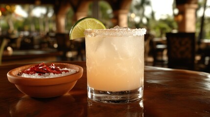 A Refreshing Margarita with Chili-Salt Rim on a Wooden Table at a Restaurant