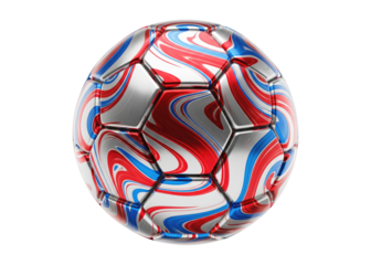 futuristic 3d soccer ball with an abstract red, white, and blue metallic pattern