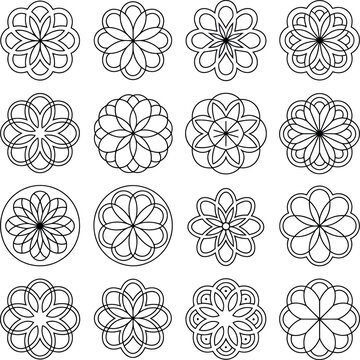 Sixteen black and white geometric floral mandala patterns on white background vector