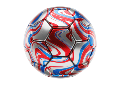 futuristic 3d soccer ball with an abstract red, white, and blue metallic pattern