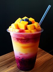 smoothie with mango, berries, chia seeds and fruit topping in plastic cup with straw