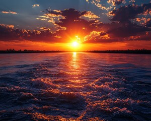 Fiery Sunset over Calm Water: A Breathtaking River Scene
