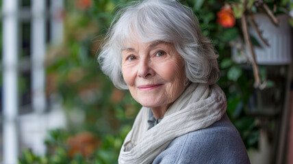 Obraz premium Elderly woman with gray hair smiling warmly in a garden setting surrounded by vibrant flowers