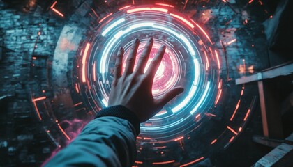 Hand Extending Towards Radiant Circular Light In Dark Abstract Setting