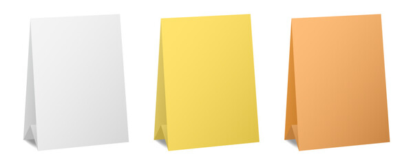 Set of table cards. White, yellow and orange bent sheets. Tent table card, nameplate