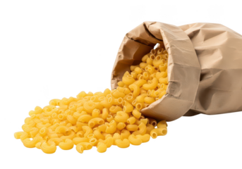 Elbow macaroni spilling from a tipped brown paper bag on pasta dried