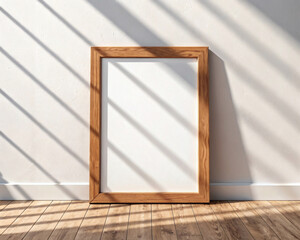 Blank wooden frame leaning on white wall with diagonal light shadows