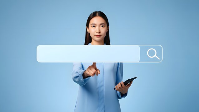 Young Woman Interacting with Search Bar and Holding Smartphone