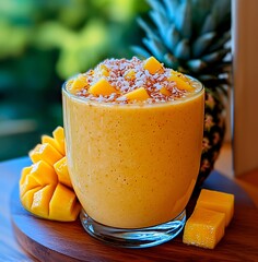Mango smoothie with fresh mango cubes and grated coconut in a transparent glass