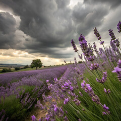 Obraz premium lush lavender fields under stormy skies photorealistic