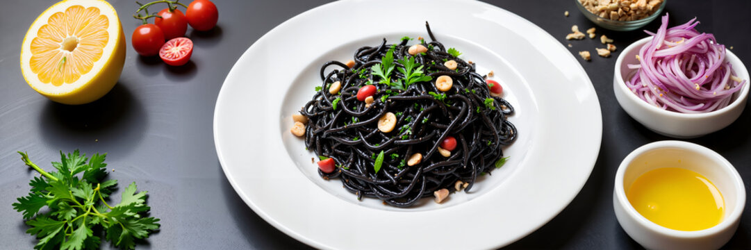 Plate of black spaghetti with herbs, tomatoes, and lemon for World Pasta Day - Powered by Adobe