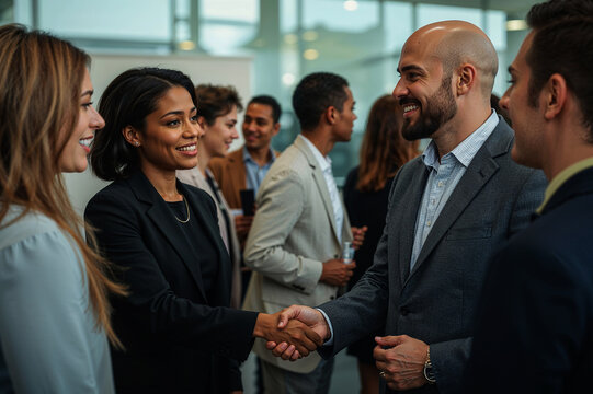 Business professionals shaking hands and smiling at a networking event in a modern office, A diverse group of colleagues networking and building relationships at a corporate gathering