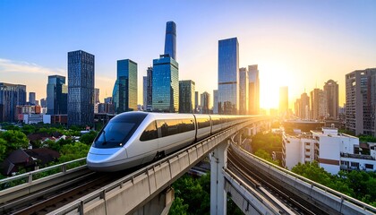 Fototapeta premium Modern train on elevated tracks, city sunrise