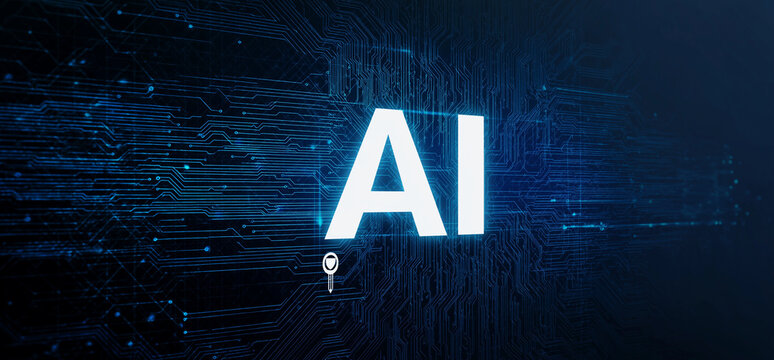 Glowing AI text on blue digital background with circuit board patterns and an artificial intelligence icon, abstract blue background