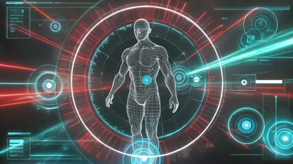 Human body scan with digital interface showing medical data and advanced diagnostics process - Powered by Adobe