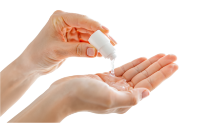 Hand applying Hand Sanitizer, isolated on transparent background, showing Hygiene, Cleanliness, Protection, Health concern, png, cut out. Hand Hygiene concept.