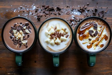 Overhead capture of three mugs of hot chocolate with different toppings such as peanuts, marshmallows, chocolate chips, and caramel sauce, placed on a rustic wooden table