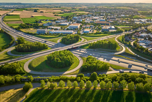 aerial view of Highway intersection Stuttgart North connecting German Highways A81 and B10, Baden W&uuml;rttemberg, Germany 