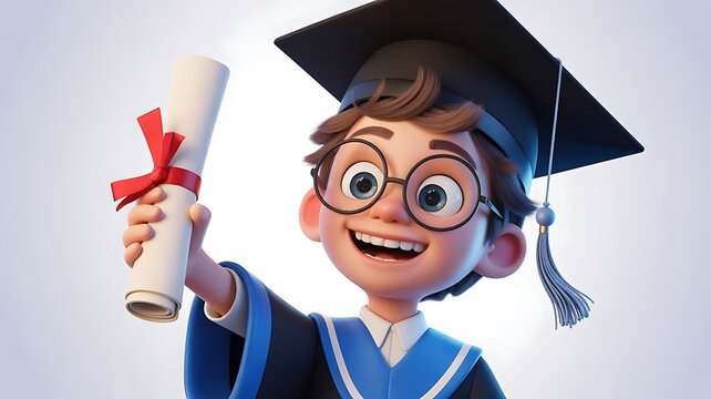 A cartoon graduate boy is holding his diploma with pride