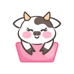A delightful kawaii cow with blushing cheeks and an adorable smile sits inside a pink box. this charming character radiates happiness and joy, perfect for a cheerful design.