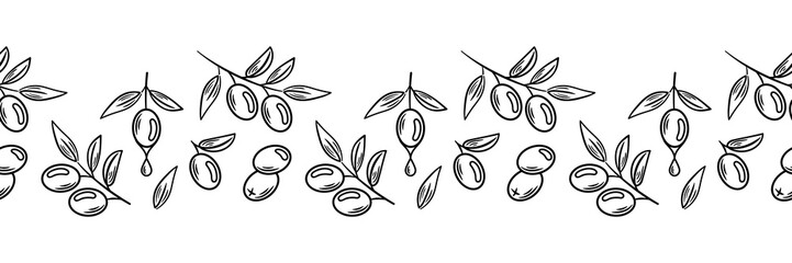 Fototapeta premium A seamless horizontal border featuring elegant olive branches and fruits, designed in a detailed sketch . Perfect for fabric, packaging, and decorative purposes, this illustration embodies a natural,