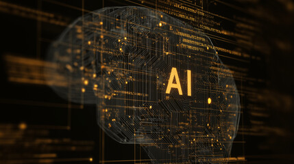 Holographic AI Brain with AI Centered, Code Background, Black and Dark Yellow Orange Color Theme, abstract technology background