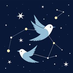 Two Blue Birds Flying Through the Night Sky Among Stars and Constellations