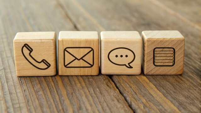 Wooden blocks with communication icons representing contact methods