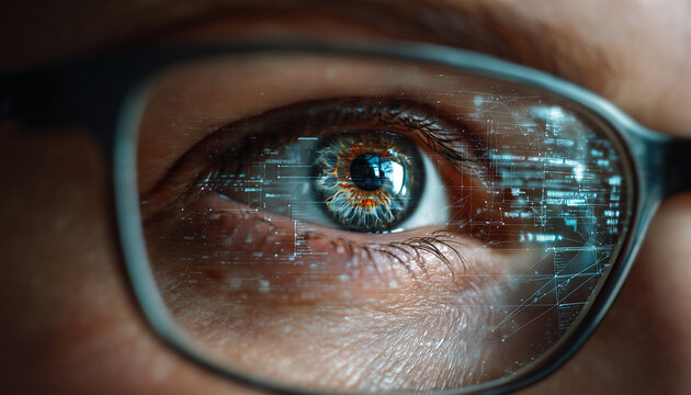 Close-up photograph showcasing a human eye behind glasses, reflecting digital data visualizations, representing technology, cybersecurity, and connection to artificial intelligence and data networks - Powered by Adobe