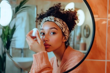 Young woman wearing bathrobe and headband using cotton pad removing makeup while looking in bathroom mirror during her skincare routine