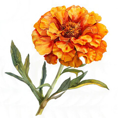 Vibrant orange marigold flower with green stem and leaves isolated on transparent background