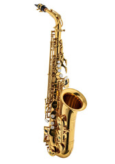 Obraz premium Gleaming golden alto saxophone, highly detailed with polished metallic finish & intricate keywork, presented on a pristine plain white background with no shadows in a high-key studio setting. Concept