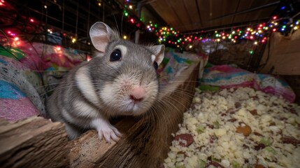 Close-Up of Adorable Pet Gerbil in Cozy Habitat with Holiday Lights