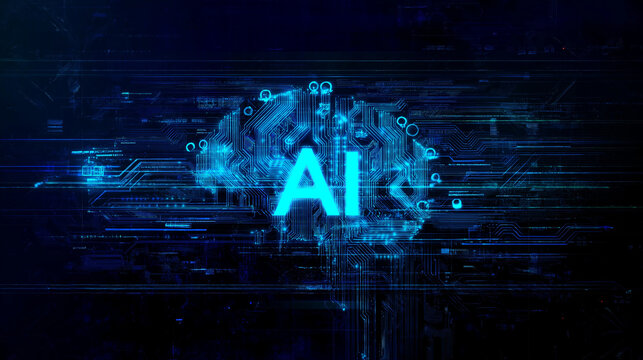 Futuristic Ai Brain with Neon Glow, Circuit Lines, Digital Code, Cyberpunk Colors, and Glowing Text, abstract technology background, abstract futuristic background.