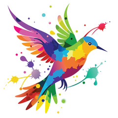 Vibrant Rainbow Hummingbird in Flight with Colorful Paint Splatter