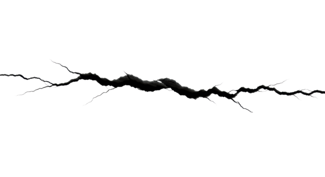 A single, sharp, jagged crack running horizontally with deep shadows and intricate texture, isolated on a stark matte white background in a direct top-down view, ultra-realistic UHD photograph.