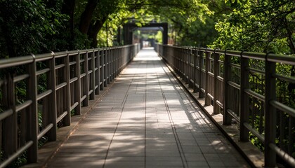 Fototapeta premium Serene Walkway Through Lush Green Canopy Sunlit Path.