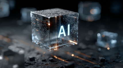 Glowing blue AI cube floating in space, surrounded by digital streams and smaller tech cubes.