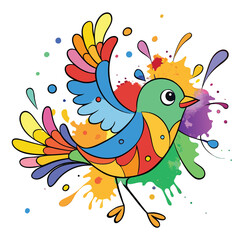 Vibrant Colorful Bird Illustration with Watercolor Splashes