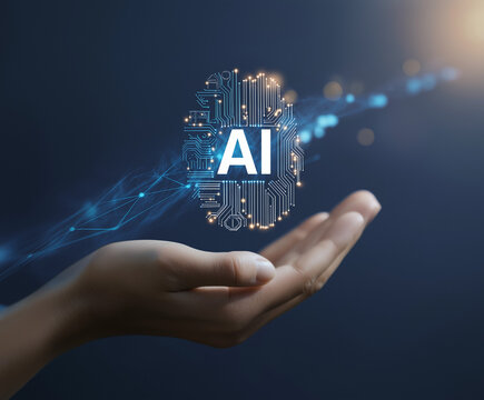  Hand holding AI logo with tech symbols, data background, web banner with right-side copy space.