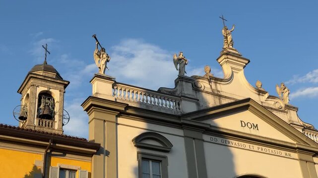 Lecco Church of Saints Gervasius and Protasius &ndash; 4K footage of historic Catholic church, religious architecture, cultural heritage, Lombardy Italy, spiritual landmark, travel destination