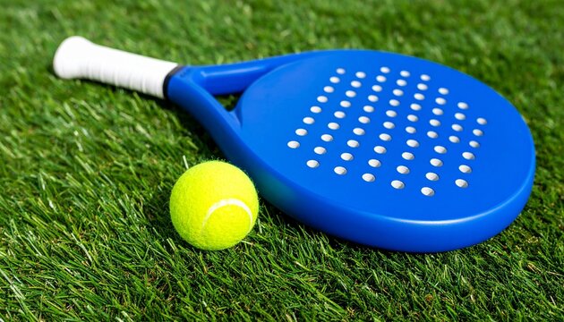 Blue Paddle Tennis Racket and Ball on Green Grass. - Powered by Adobe