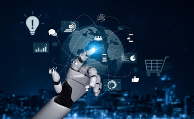 AI managing global digital marketing, optimizing communication, analyzing data trends, and automating content delivery across diverse online networks. Vouch