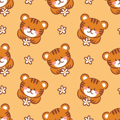 A seamless pattern featuring adorable kawaii tiger cubs. The vibrant colors and charming designs make this illustration perfect for fabric, wallpapers, and childrens products.