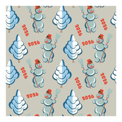 2026 New Year banner. Snowmans and firs pastel trend colors blue beige white stock winter holidays vector illustration for web, for print, for fabric print