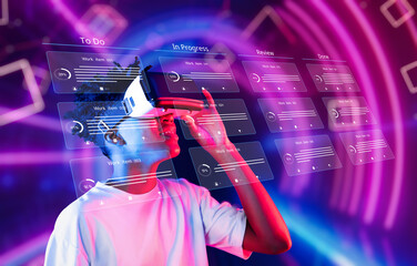 A young professional utilizes virtual reality technology to streamline project management with an...