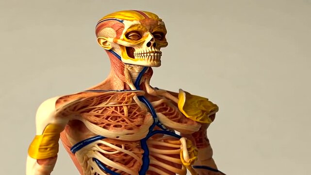 Anatomical model showcasing human skeletal and muscular systems against a neutral background
