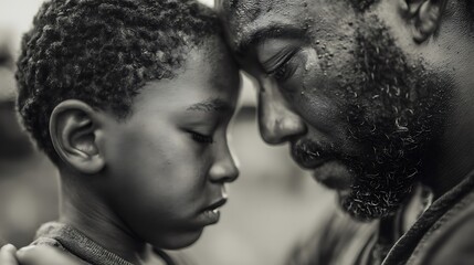A father and child touching foreheads, eyes closed, deep emotional bond, close-up portrait, warm tones, real connection and empathy, sincere and quiet moment of love 