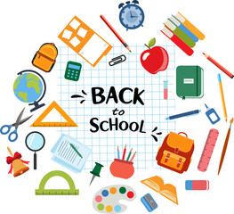 Back to School background or frame with school supplies . Back to School horizontal banner . School supplies flat vector border . Ruler , crayons, backpack, pen, globe, book, pencil, brush, rubber .
